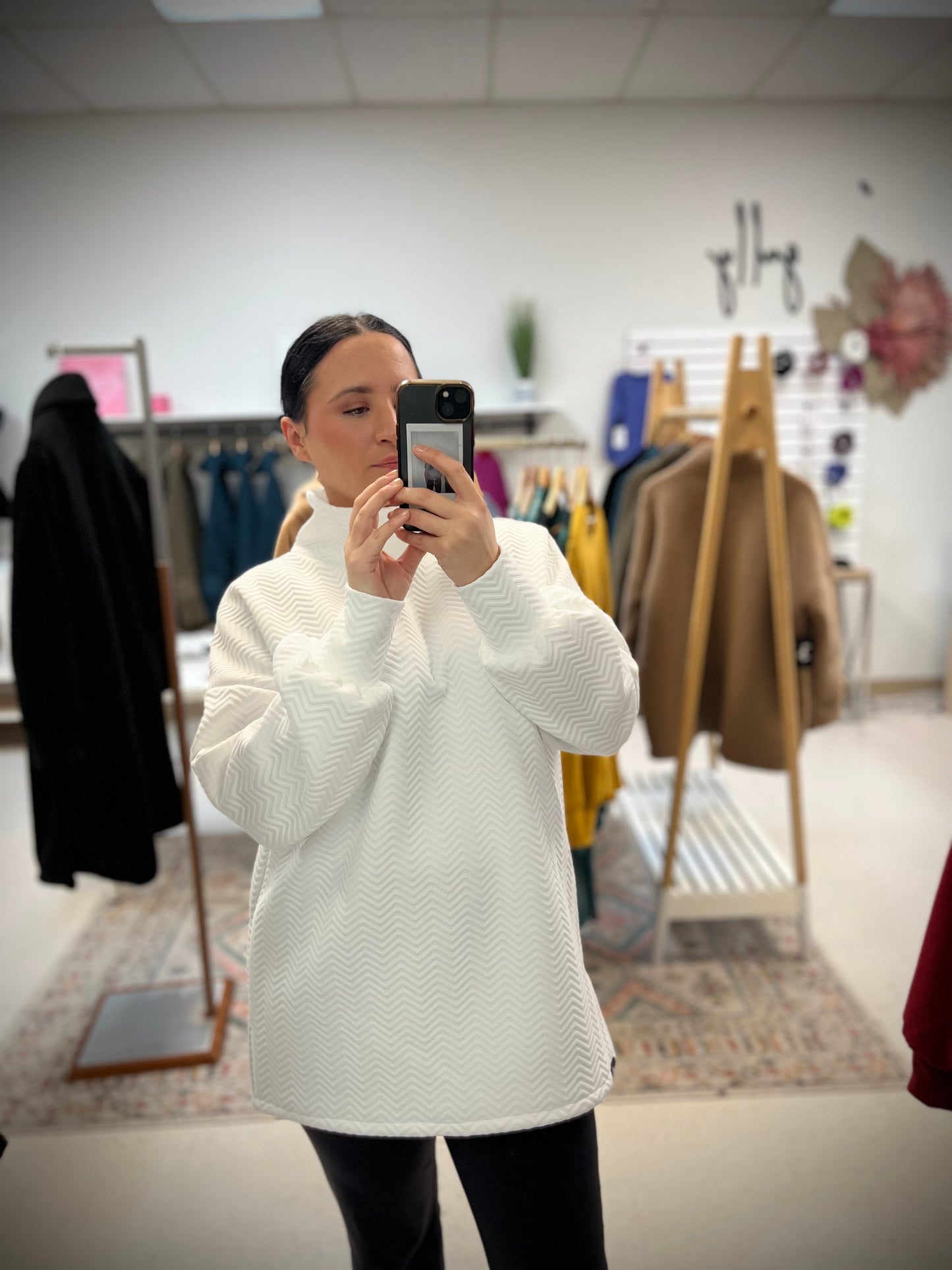 Puff Sleeve Pullover | White Zig Zag
