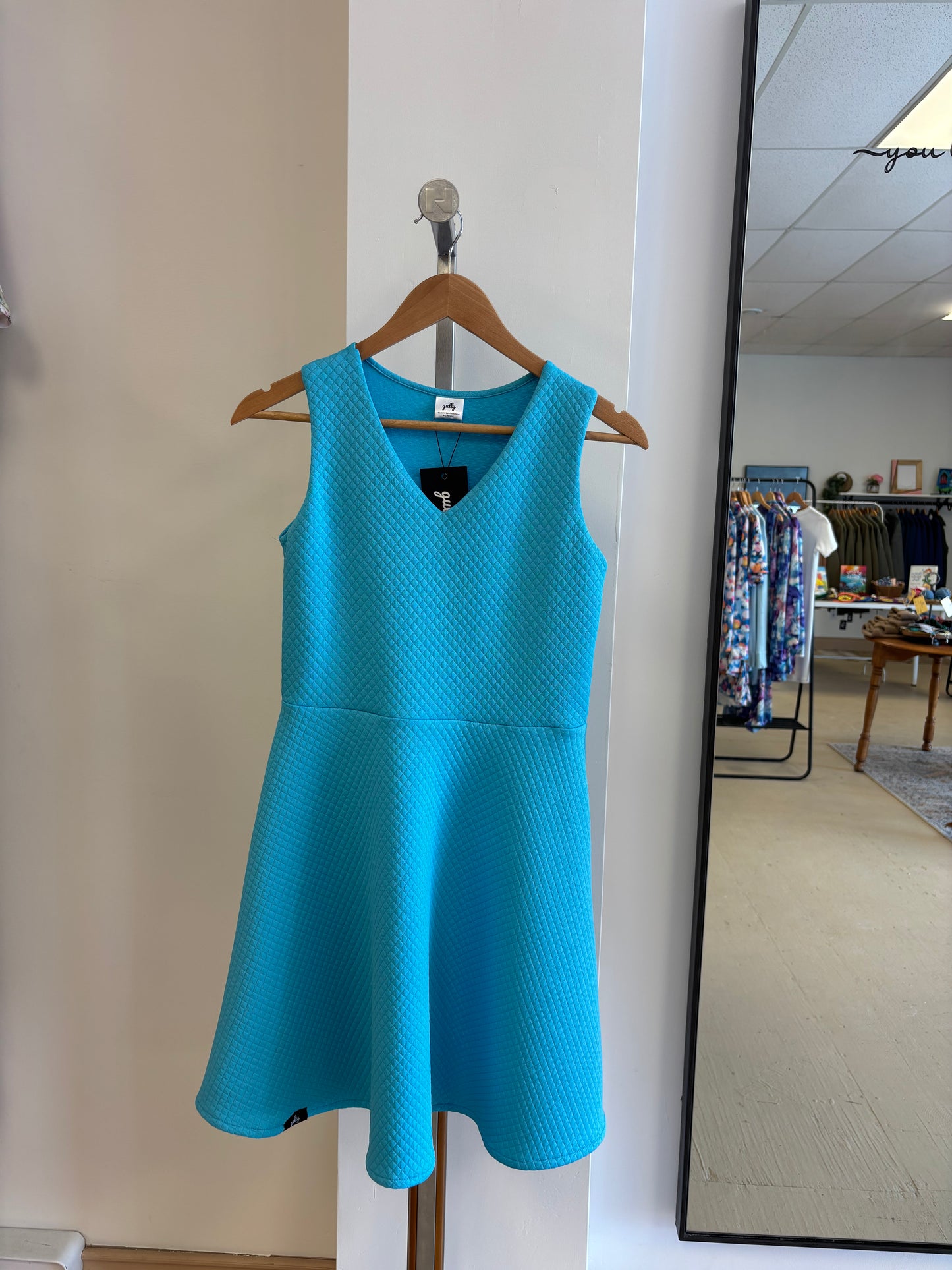 V neck fit and flare | blue mini quilt