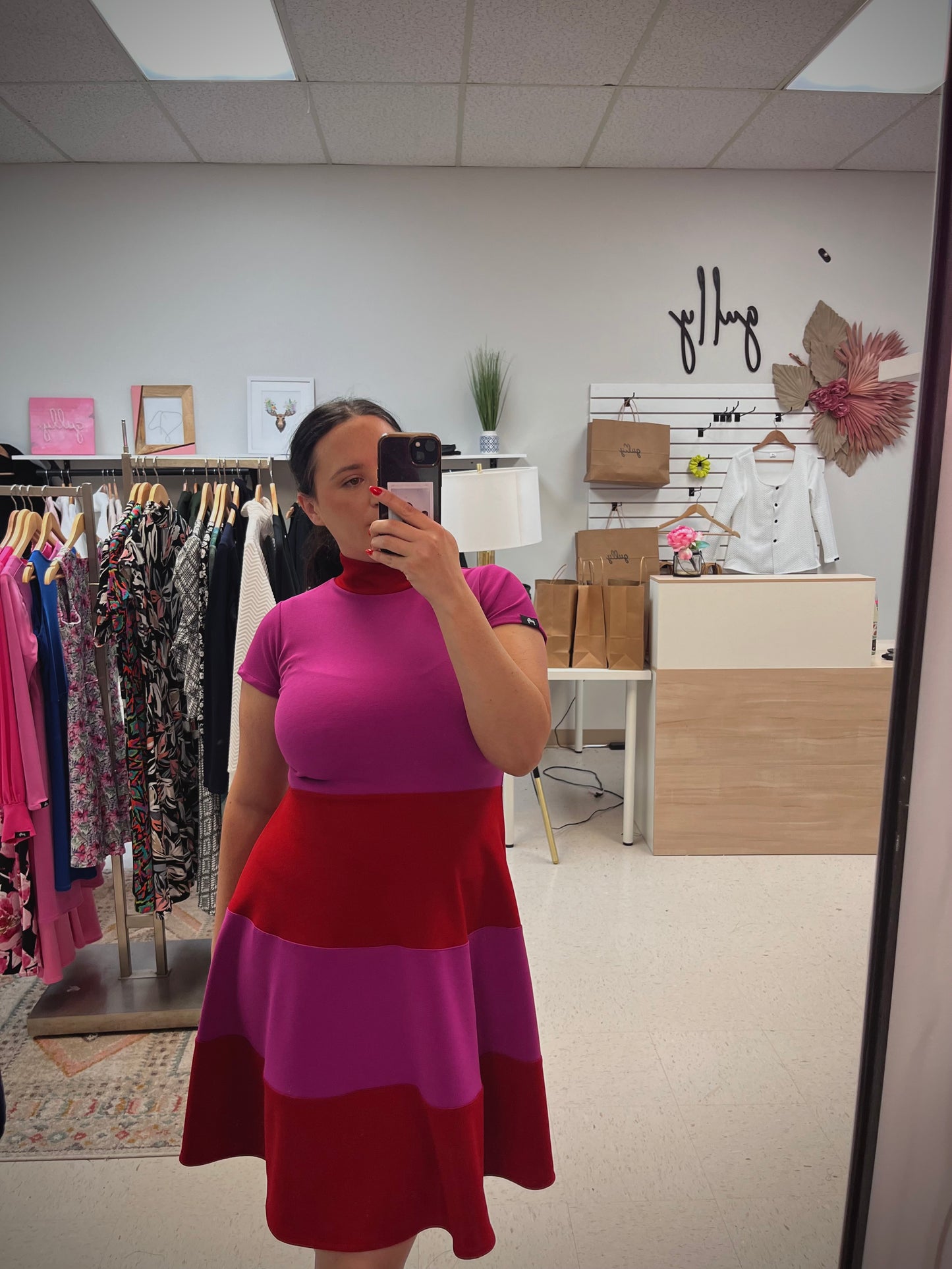 Fuchsia+Red Mock Neck Dress